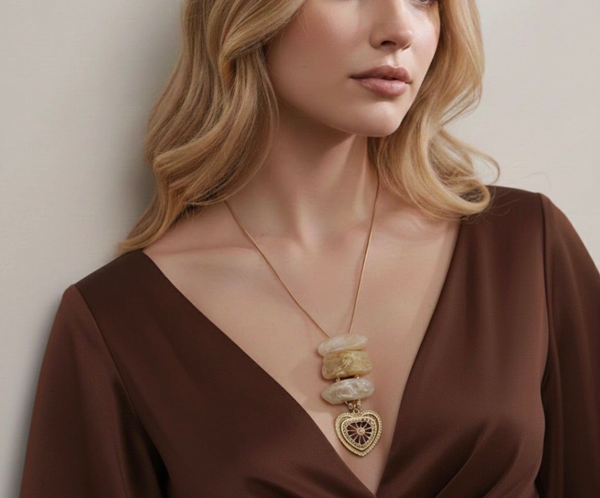 Chunky Resin Heart Pendant Necklace - Long Gold Chain