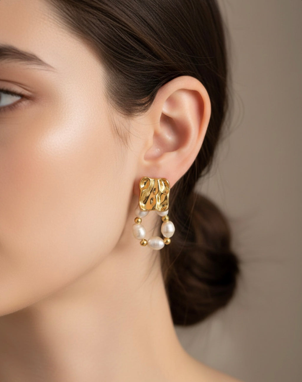 Natural Freshwater Pearl Geometric Drop Earrings, Gold Textured Stainless Steel Stud