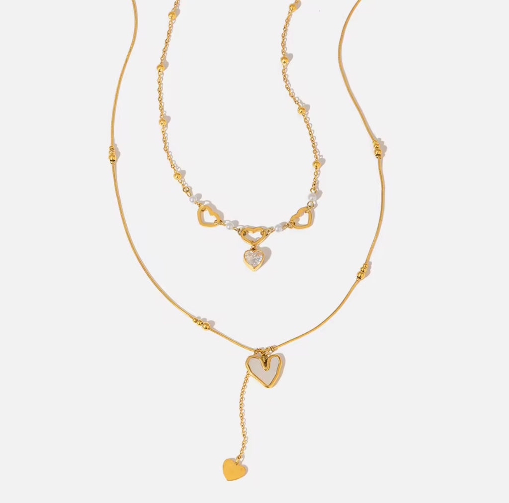 Gold Stainless Steel Double Layer Heart Necklace, Zirconia & Mother of Pearl Pendant