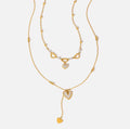 Gold Stainless Steel Double Layer Heart Necklace, Zirconia & Mother of Pearl Pendant