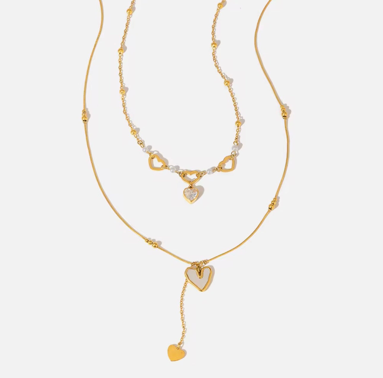 Gold Stainless Steel Double Layer Heart Necklace, Zirconia & Mother of Pearl Pendant