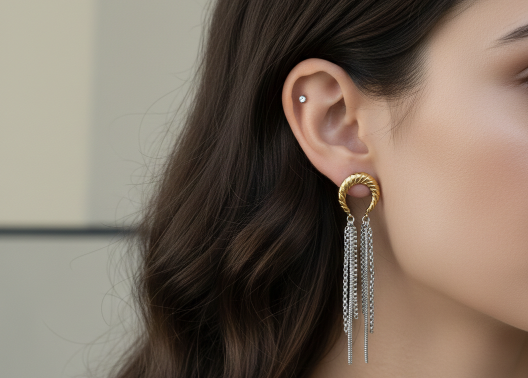 Two-Tone Moon Hoop Tassel Earrings: Gold Plated Stainless Steel Dangle Fringe