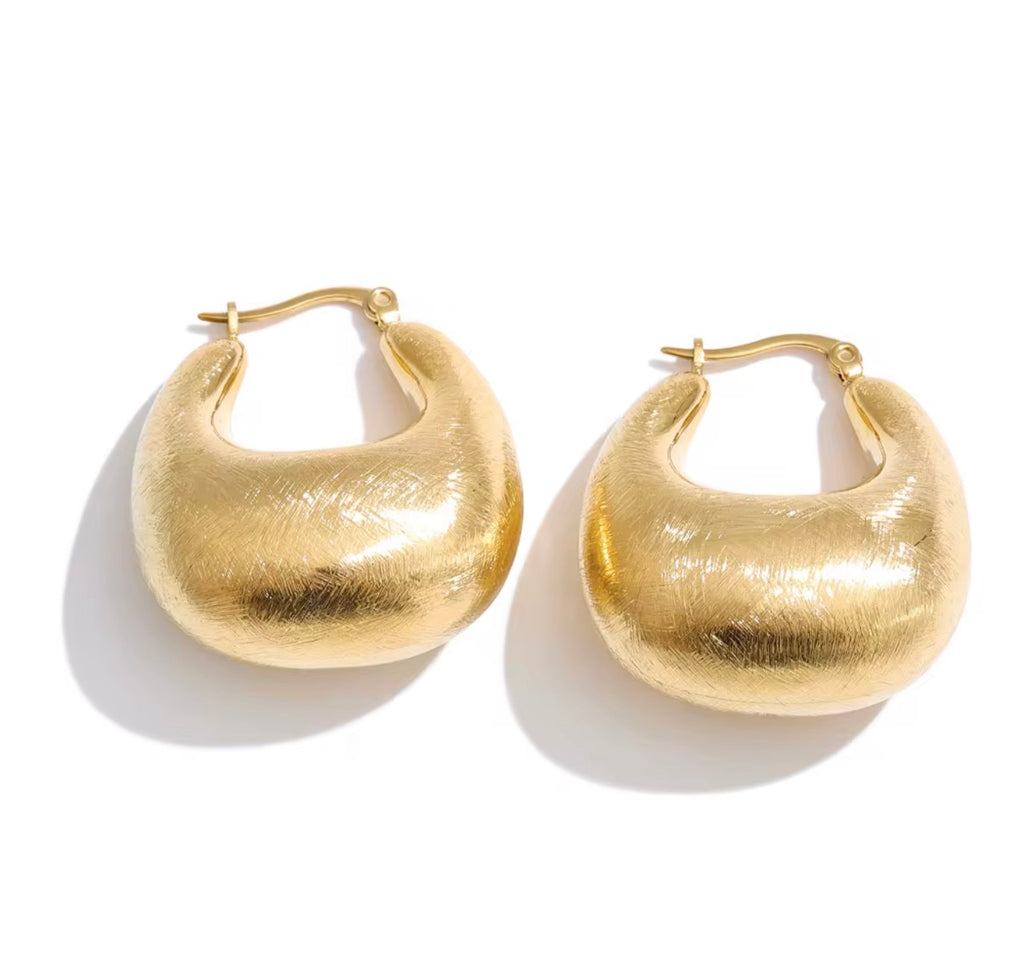 Brushed Gold Chunky Hoop Earrings, Lock Shape Dangle, Stainless Steel Statement Jewelry