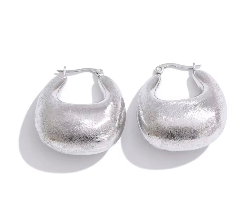 Brushed Stainless Steel Hoop Earrings, Chunky Modern Huggie Dangles