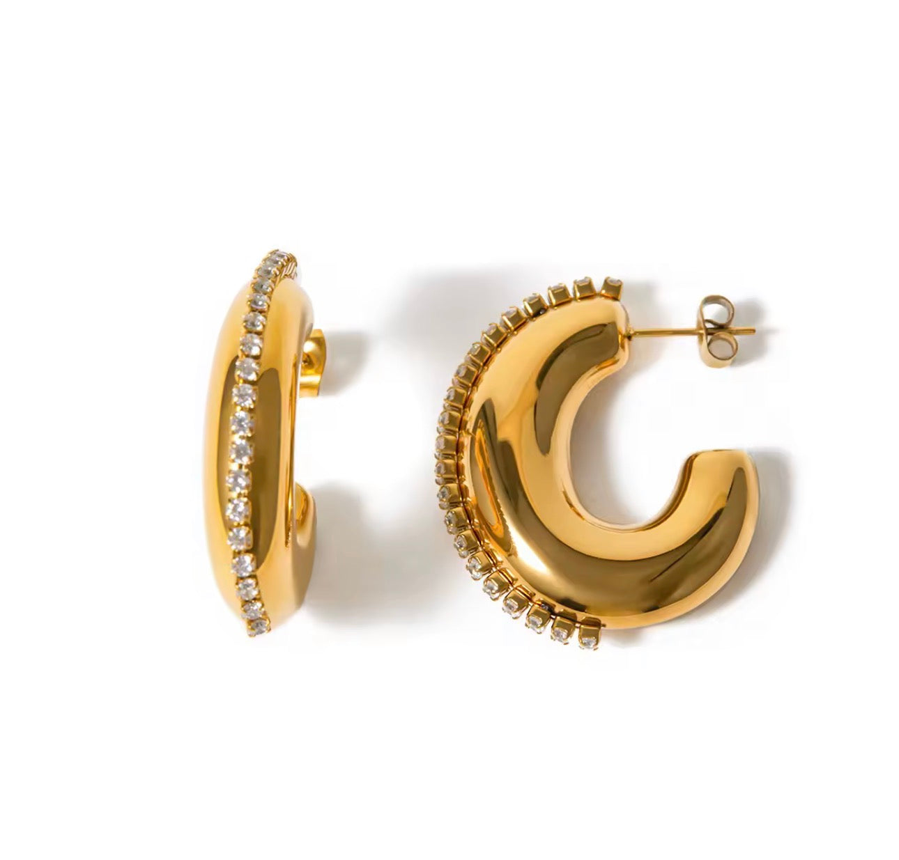 Chunky Gold Hoop Earrings, 18K PVD Plated Stainless Steel, Rhinestone Accent Statement Hoops