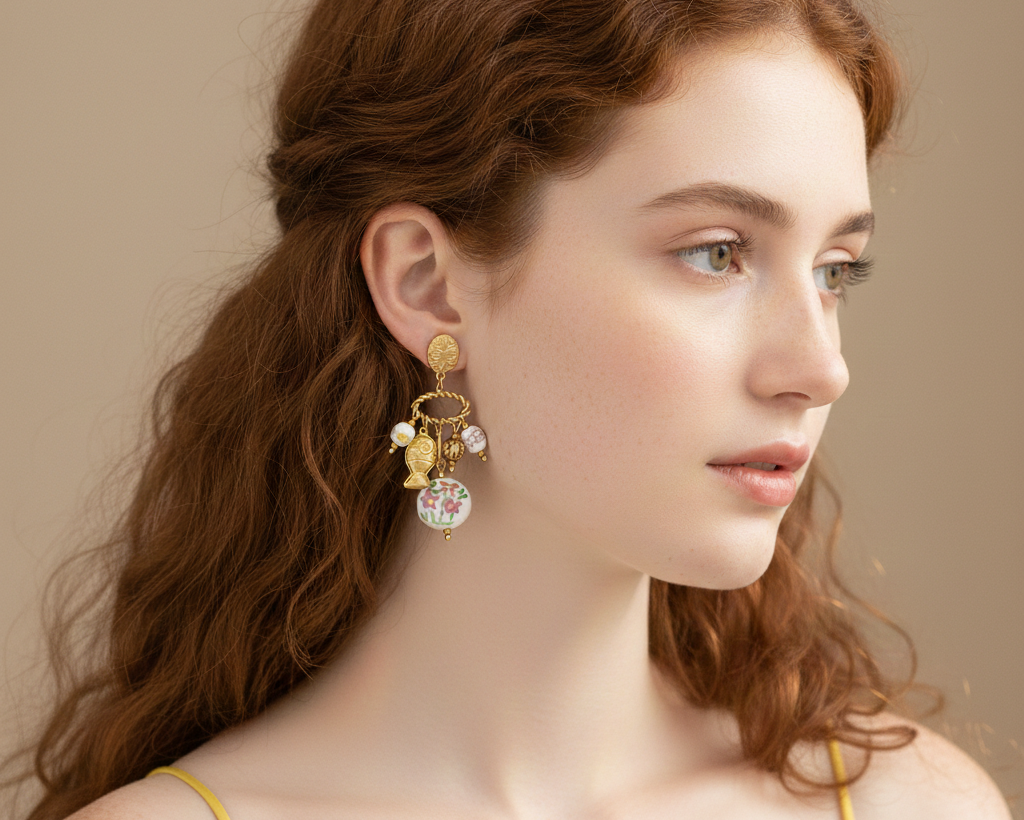 Floral Ceramic Dangle Earrings: Gold Plated Stainless Steel, Vintage Boho Statement