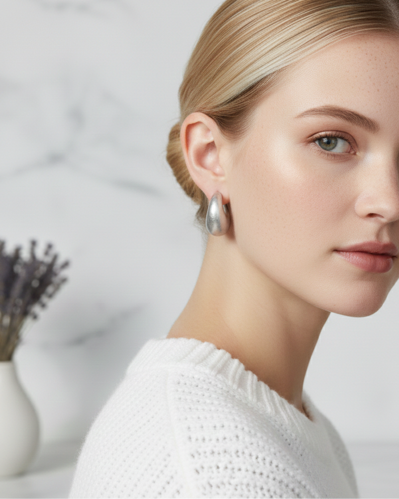 Brushed Stainless Steel Hoop Earrings, Chunky Modern Huggie Dangles
