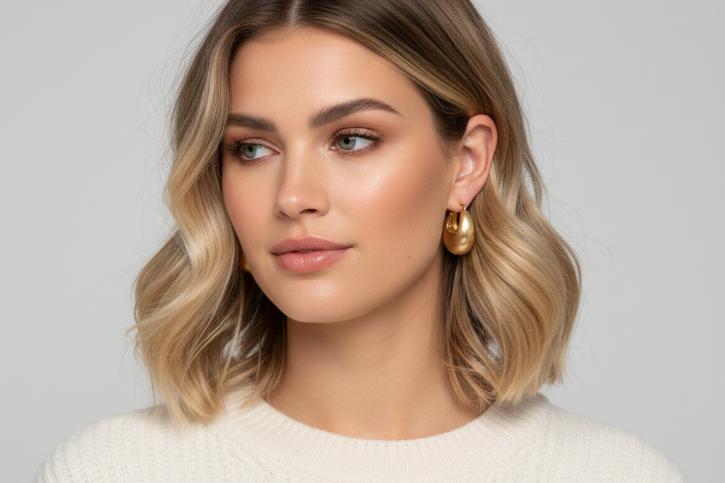 Brushed Gold Chunky Hoop Earrings, Lock Shape Dangle, Stainless Steel Statement Jewelry