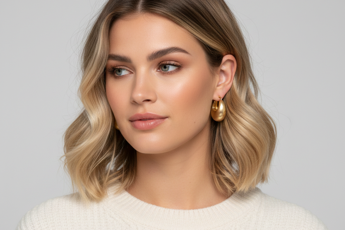 Brushed Gold Chunky Hoop Earrings, Lock Shape Dangle, Stainless Steel Statement Jewelry