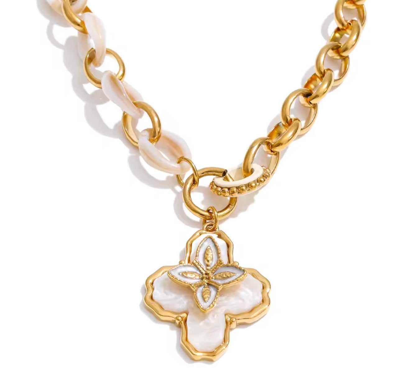 Enamel Shell Flower Pendant Necklace: Gold Plated Chain, Mother of Pearl Jewelry