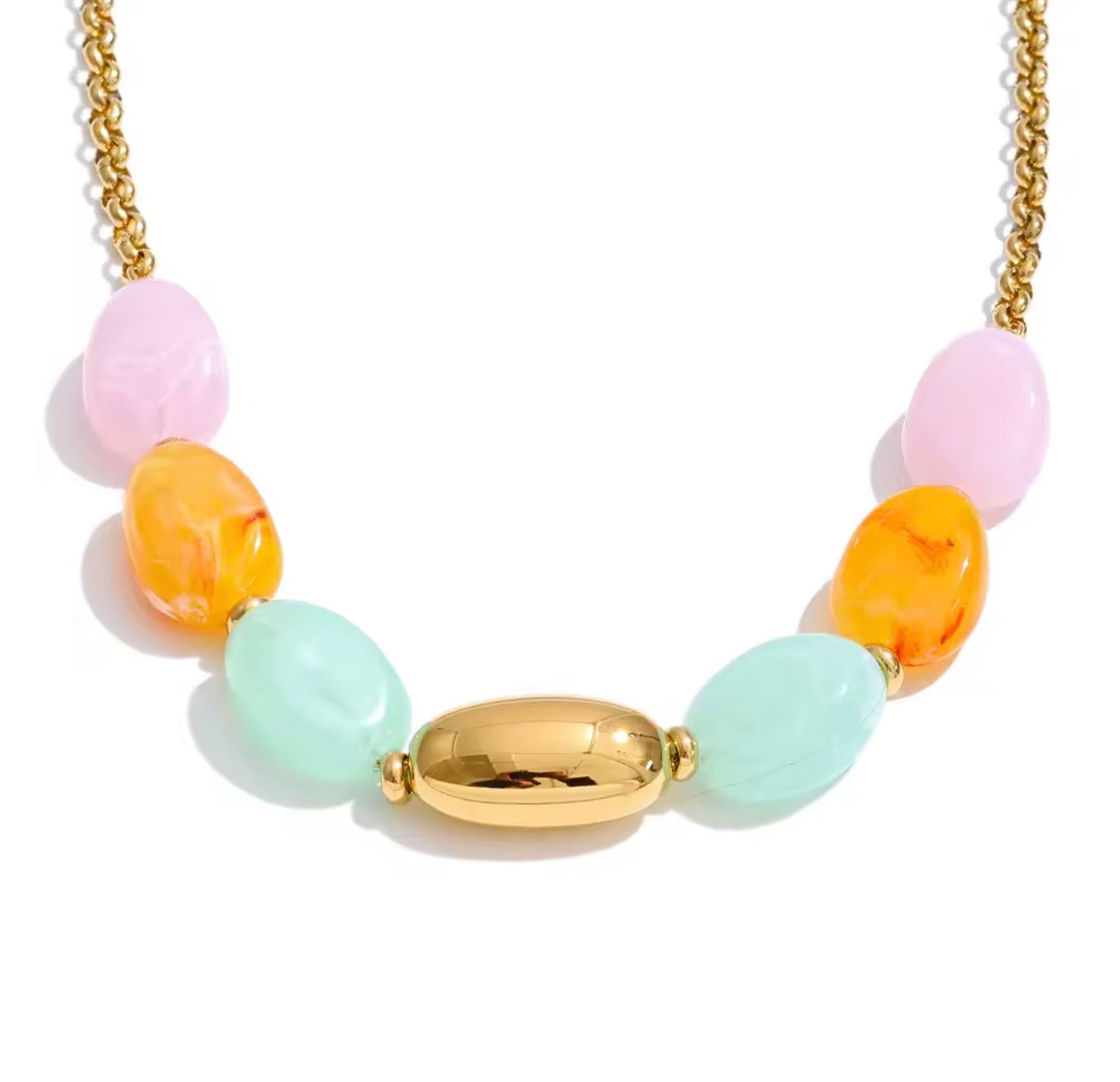 Geometric Resin Bead Necklace, Gold Plated Stainless Steel Chain, Pastel Statement Jewelry