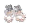 Silver Geometric Pearl Drop Earrings, Handmade Stainless Steel Baroque Hoop Jewelry