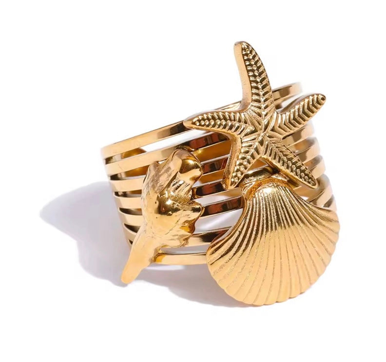 Summer Ocean Shell Starfish Ring Gold Plated Stainless Steel Adjustable Open Ring Beach Jewelry