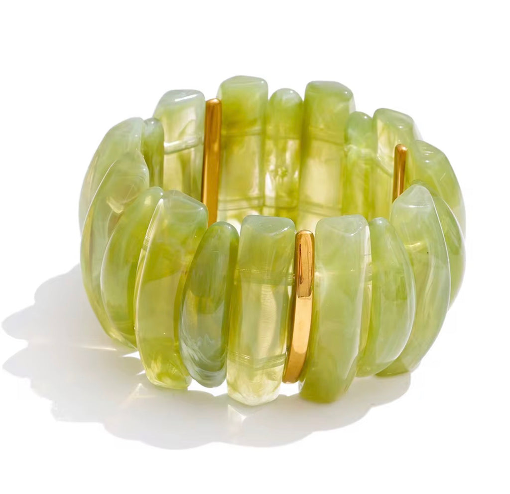 Chunky Green Resin Bracelet, Irregular Acrylic Beads, Stainless Steel Accents
