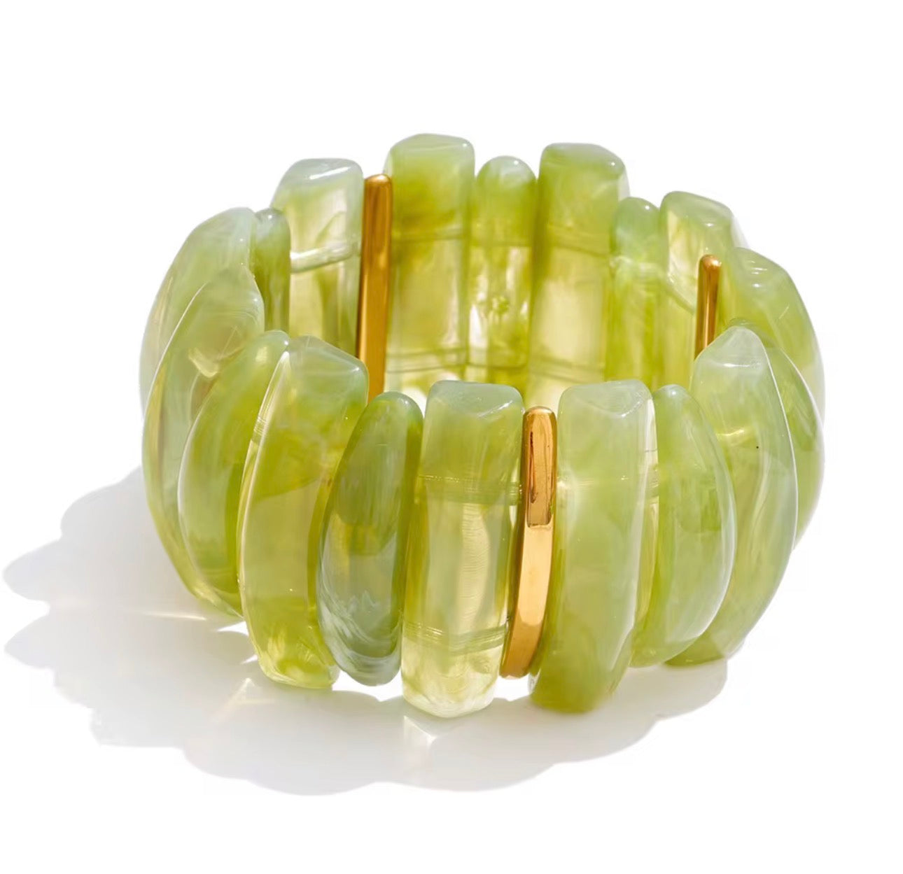 Chunky Green Resin Bracelet, Irregular Acrylic Beads, Stainless Steel Accents