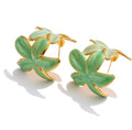 Green Marbled Resin Leaf Hoop Earrings, Gold Stainless Steel Statement Botanical Jewelry