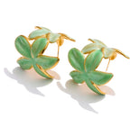 Green Marbled Resin Leaf Hoop Earrings, Gold Stainless Steel Statement Botanical Jewelry