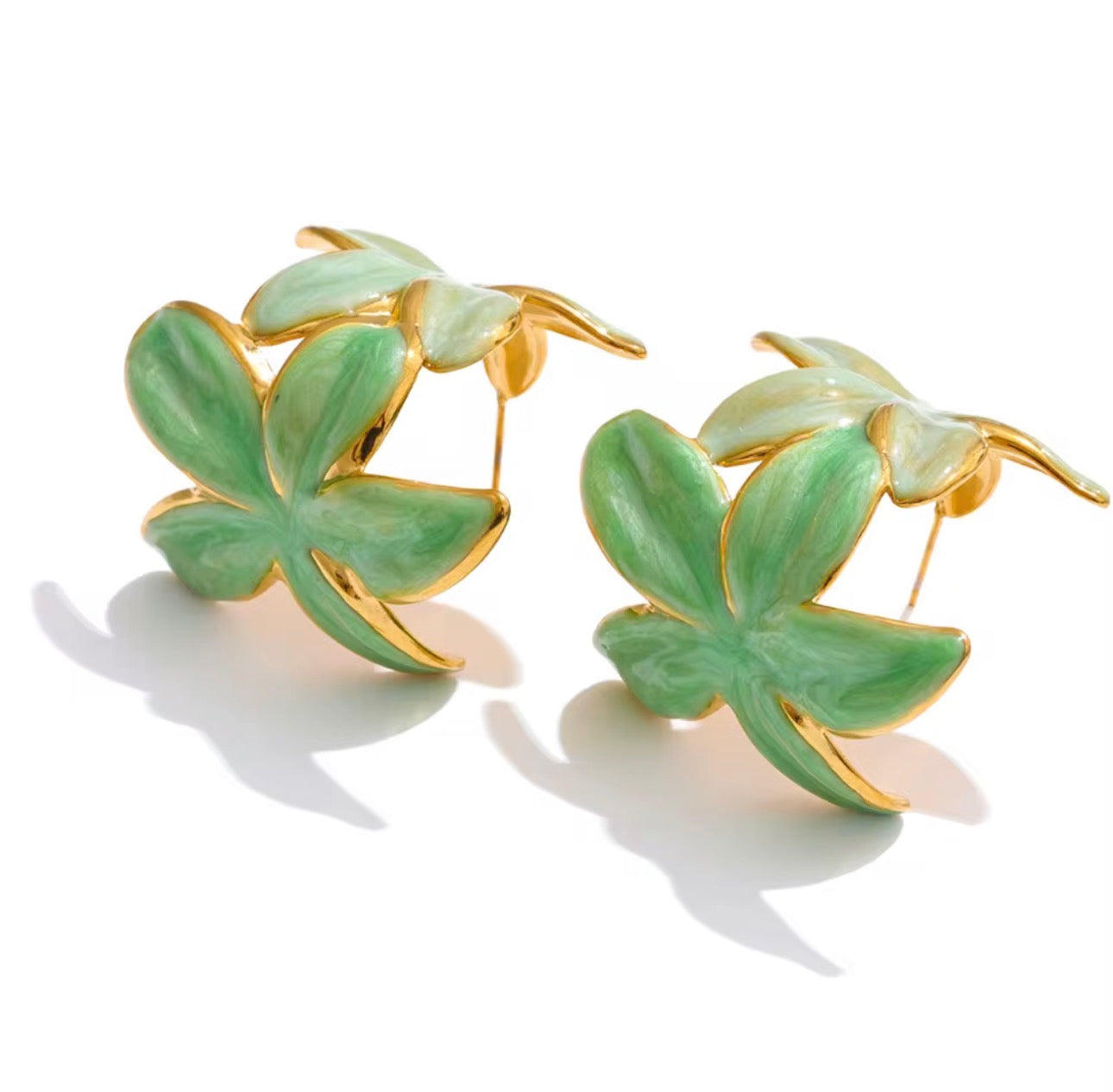 Green Marbled Resin Leaf Hoop Earrings, Gold Stainless Steel Statement Botanical Jewelry
