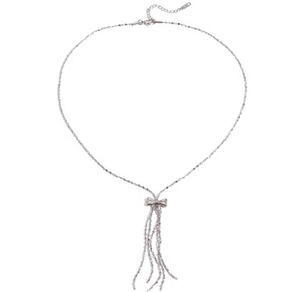 Bow Tassel Necklace, Silver Stainless Steel Dainty Pendant, Minimalist Chain Jewelry