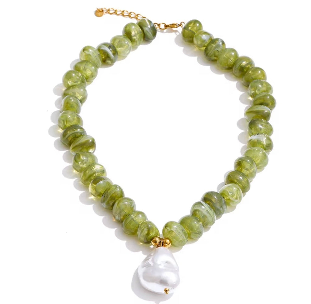 Green  Acrylic Bead Necklace – Pearl Pendant