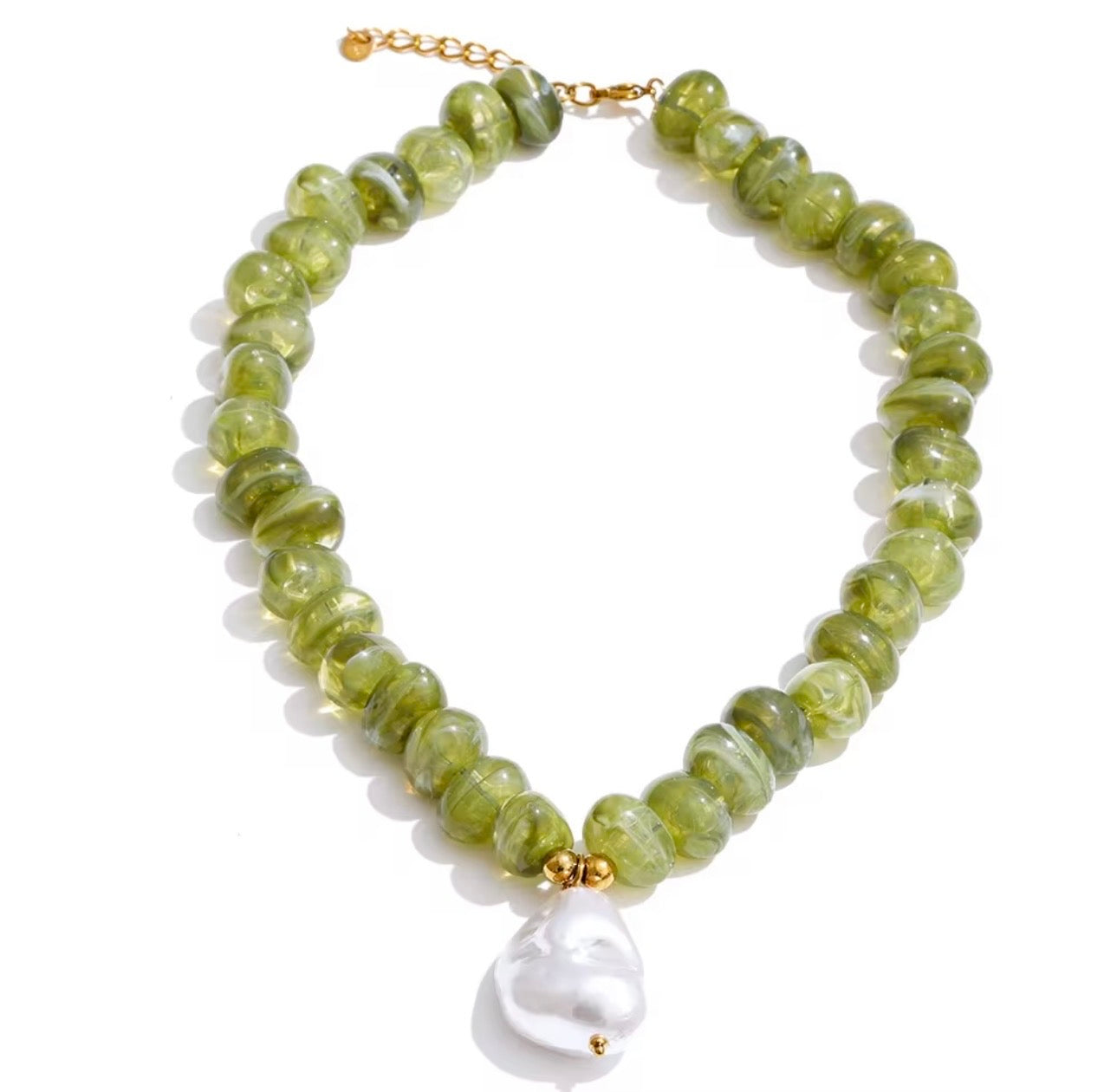Green  Acrylic Bead Necklace – Pearl Pendant