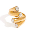 18K Gold Plated Stainless Steel Zircon Ring, Adjustable Open Wrap