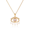Gold Evil Eye Pendant Necklace, Zircon & Pearl, Elegant Protection