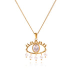Gold Evil Eye Pendant Necklace, Zircon & Pearl, Elegant Protection