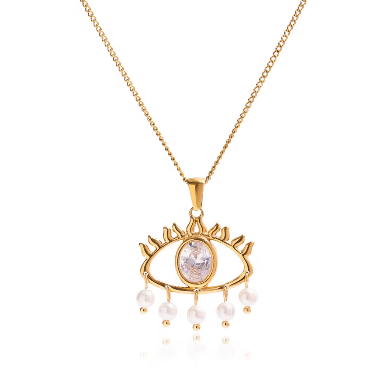 Gold Evil Eye Pendant Necklace, Zircon & Pearl, Elegant Protection