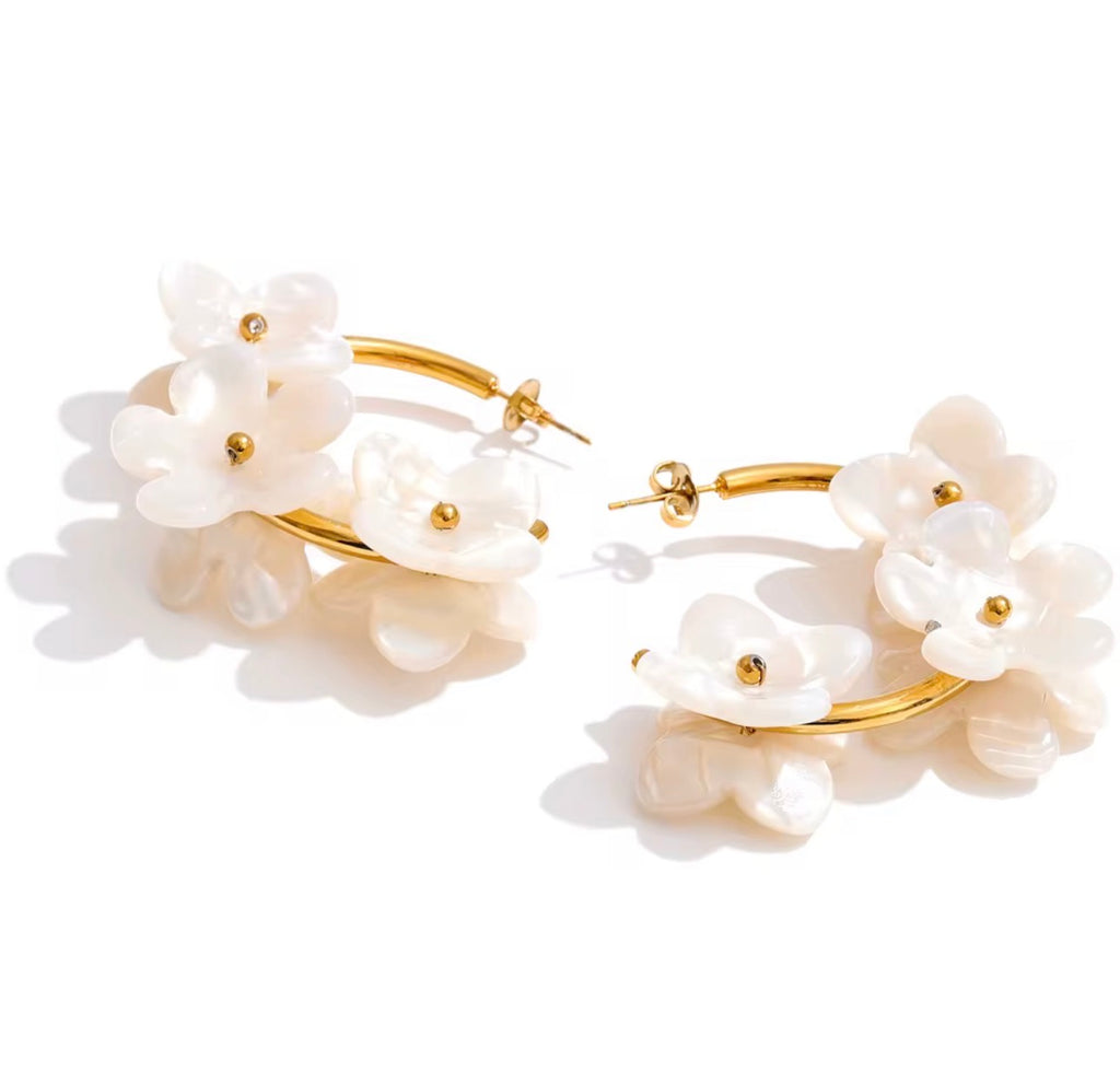Resin Flower Hoop Earrings: Gold Plated Stainless Steel, Tortoiseshell Amber Vacation Jewelry