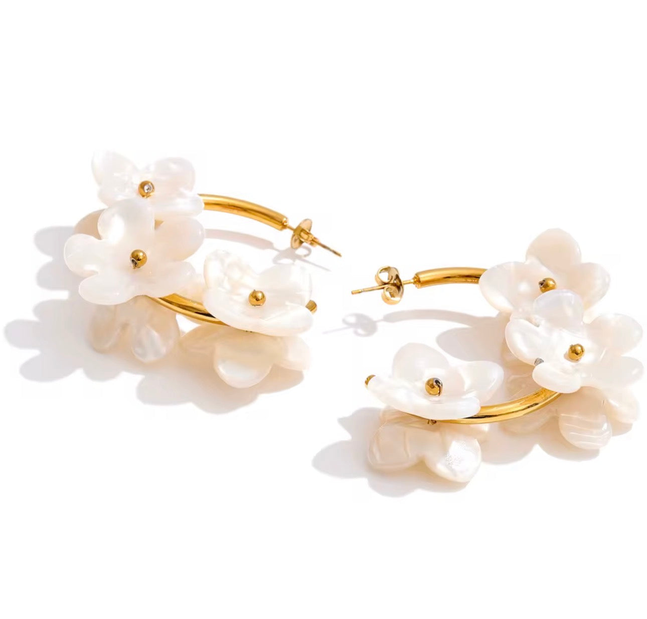 Resin Flower Hoop Earrings: Gold Plated Stainless Steel, Tortoiseshell Amber Vacation Jewelry