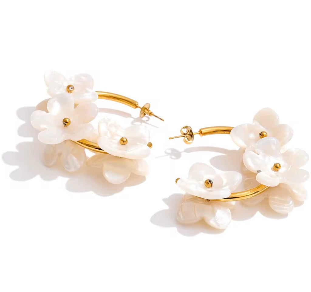 Resin Flower Hoop Earrings: Gold Plated Stainless Steel, Tortoiseshell Amber Vacation Jewelry