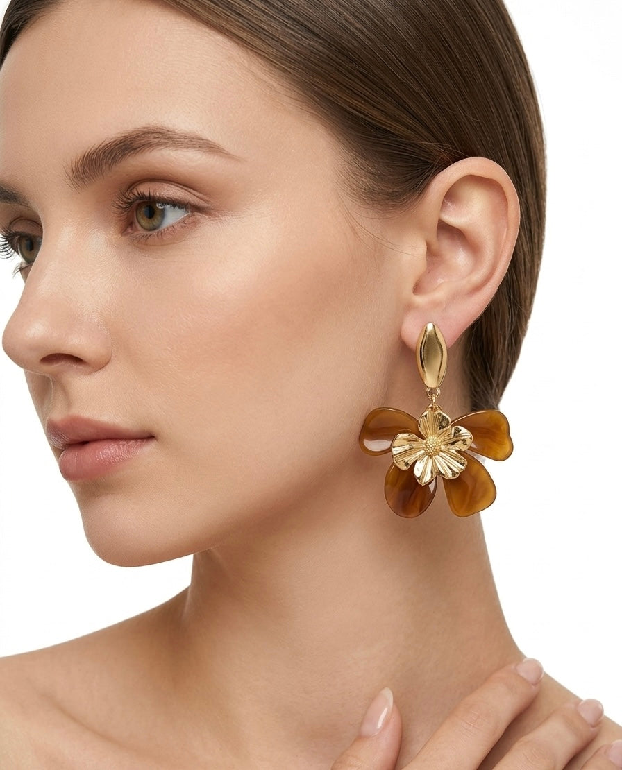 Vintage Amber Resin Flower Drop Earrings, Gold Plated Boho Statement Jewelry