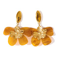 Vintage Amber Resin Flower Drop Earrings, Gold Plated Boho Statement Jewelry