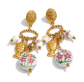 Floral Ceramic Dangle Earrings: Gold Plated Stainless Steel, Vintage Boho Statement
