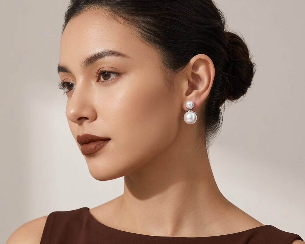 Silver Double Pearl Stud Earrings – Minimalist Stainless Steel