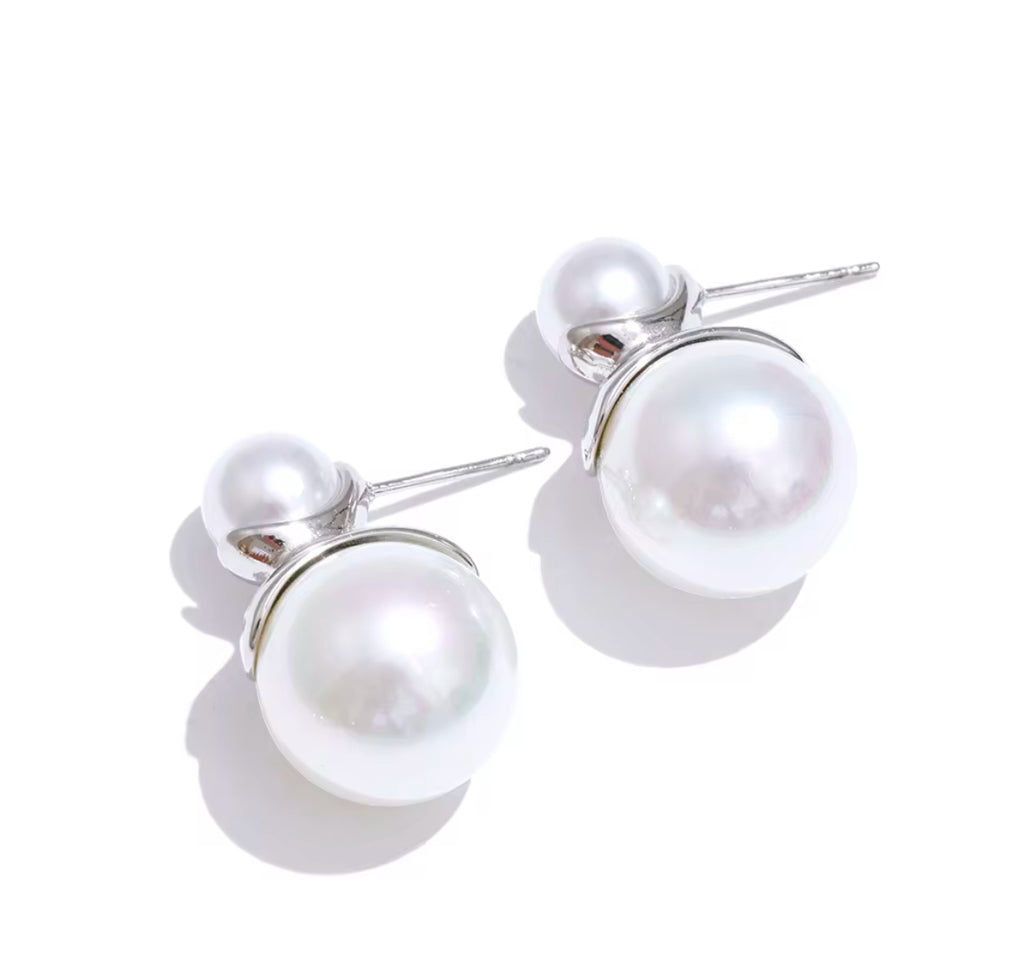 Silver Double Pearl Stud Earrings – Minimalist Stainless Steel