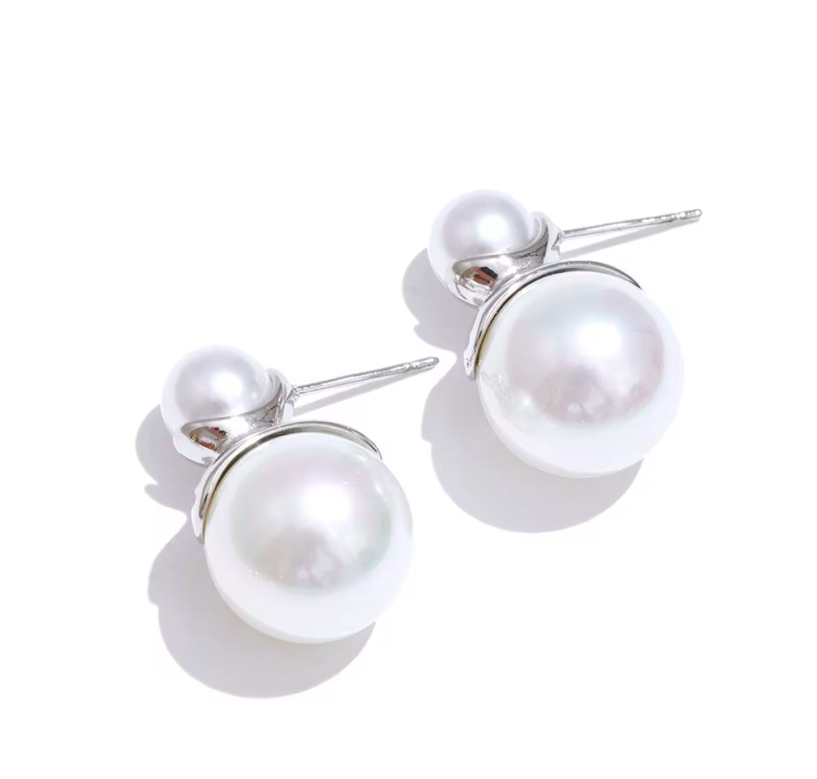Silver Double Pearl Stud Earrings – Minimalist Stainless Steel