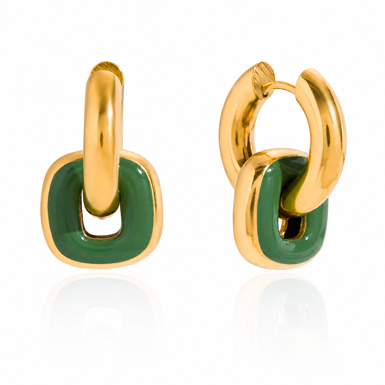 Minimalist Double Ring Hoop Earrings: 18K Gold Plated, Interlocking Link, Green Accent