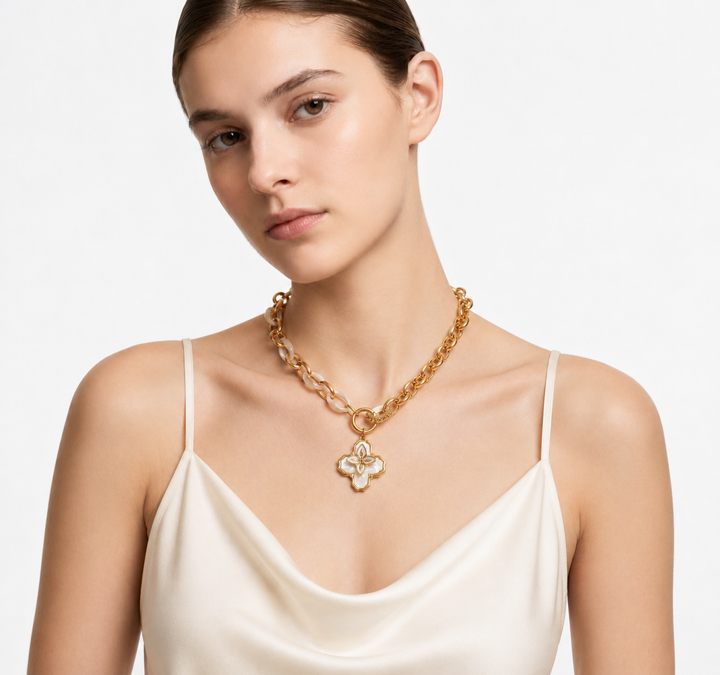 Enamel Shell Flower Pendant Necklace: Gold Plated Chain, Mother of Pearl Jewelry