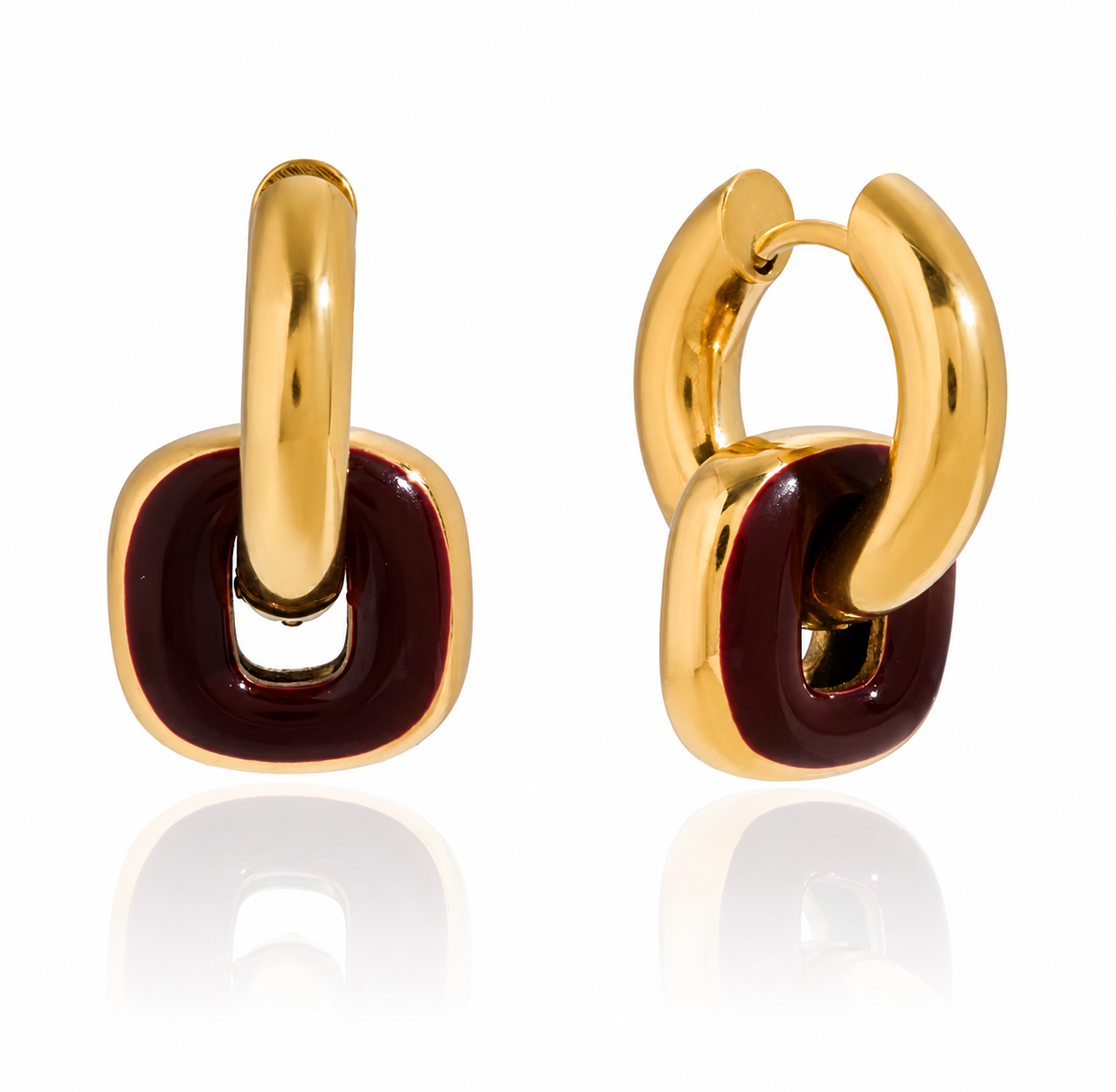 Gold Plated Stainless Steel Double Hoop Earrings with Wine Red Enamel Geometric Link