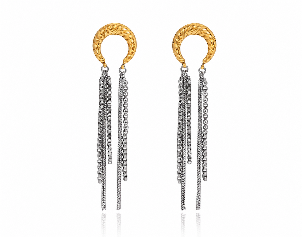 Two-Tone Moon Hoop Tassel Earrings: Gold Plated Stainless Steel Dangle Fringe