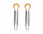 Two-Tone Moon Hoop Tassel Earrings: Gold Plated Stainless Steel Dangle Fringe