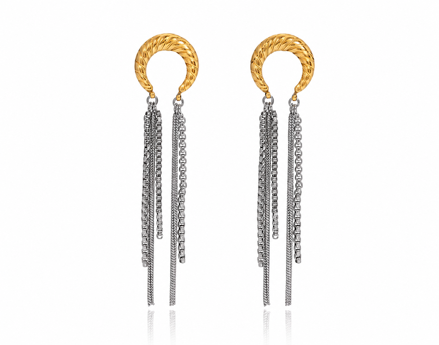 Two-Tone Moon Hoop Tassel Earrings: Gold Plated Stainless Steel Dangle Fringe