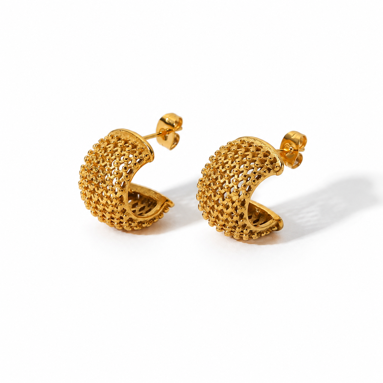 18K Gold Plated Chunky Hoop Earrings, Hollow Grid C-Shape, Tarnish Free