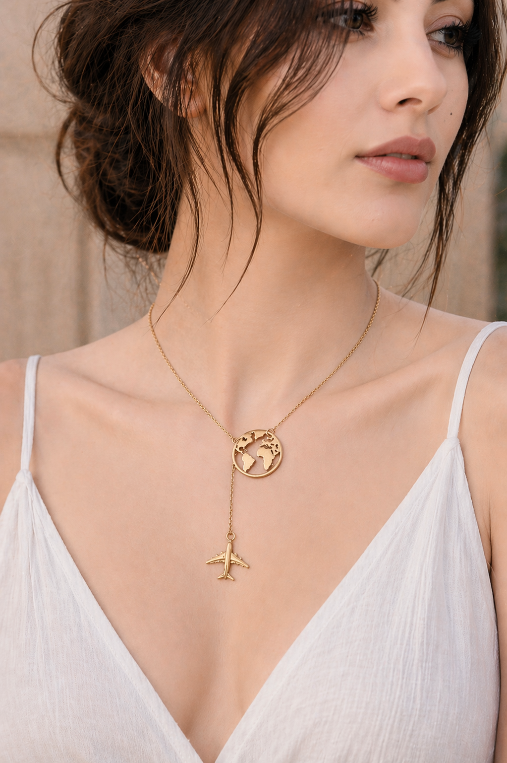 Gold Plated Airplane Necklace - Stainless Steel Travel Pendant