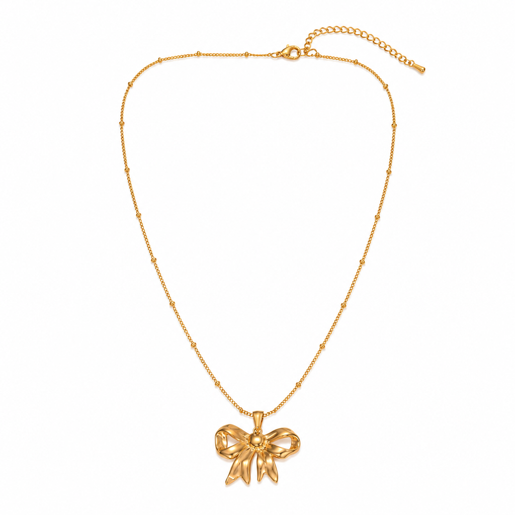 18K Gold Plated Bow Necklace, Stainless Steel Minimalist Pendant, Dainty Everyday Jewelry