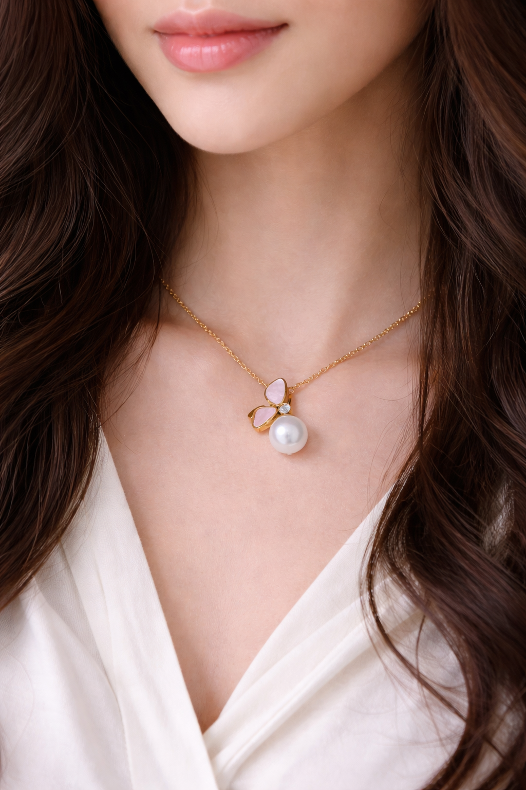 Elegant Butterfly Shell & Pearl Pendant Necklace – Gold Stainless Steel, Korean Chic