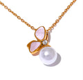 Elegant Butterfly Shell & Pearl Pendant Necklace – Gold Stainless Steel, Korean Chic