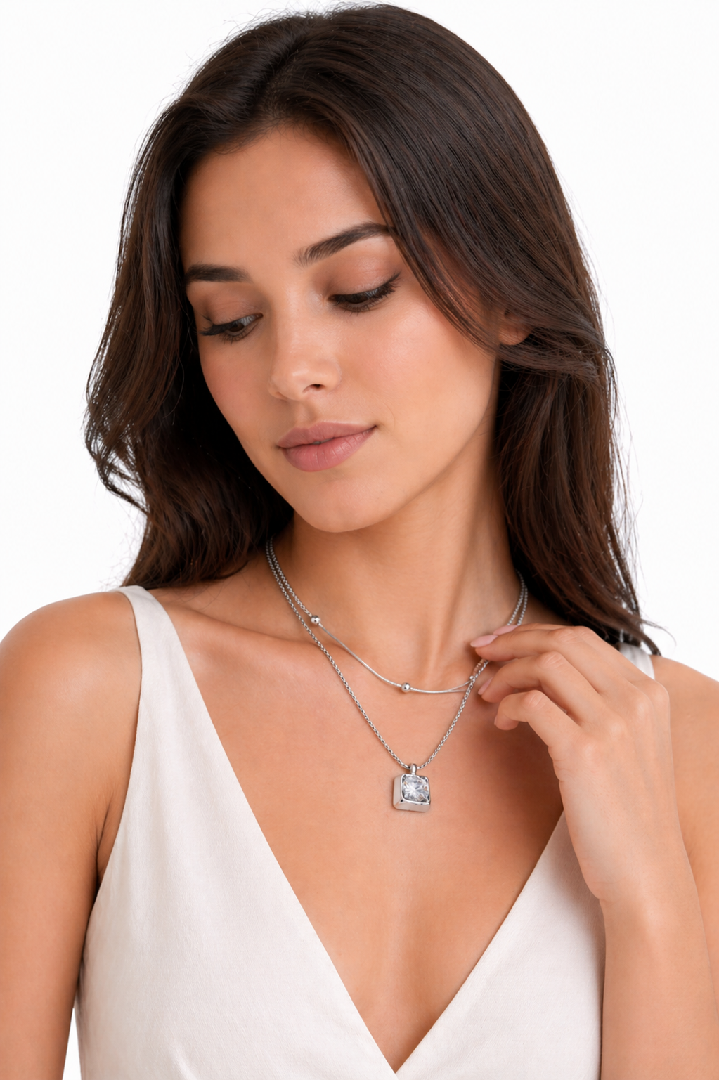Square CZ Pendant Necklace – Gold Plated Double Chain